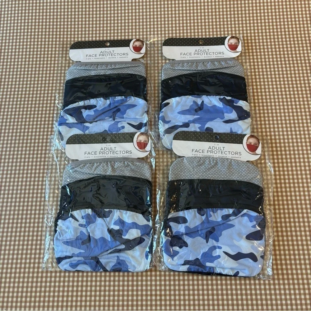 4 pack of Reusable adult size face masks. 12 MASKS. NEW. Camouflage. Dots.Unisex